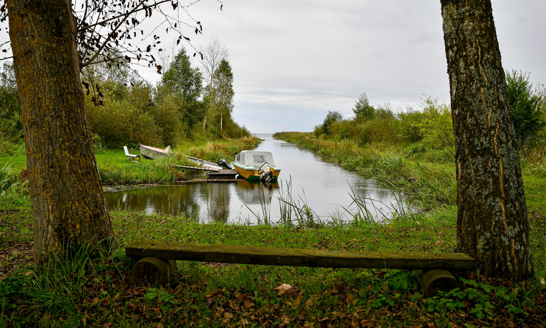 Jesienny krajobraz nad wodą otoczoną kolorowymi drzewami