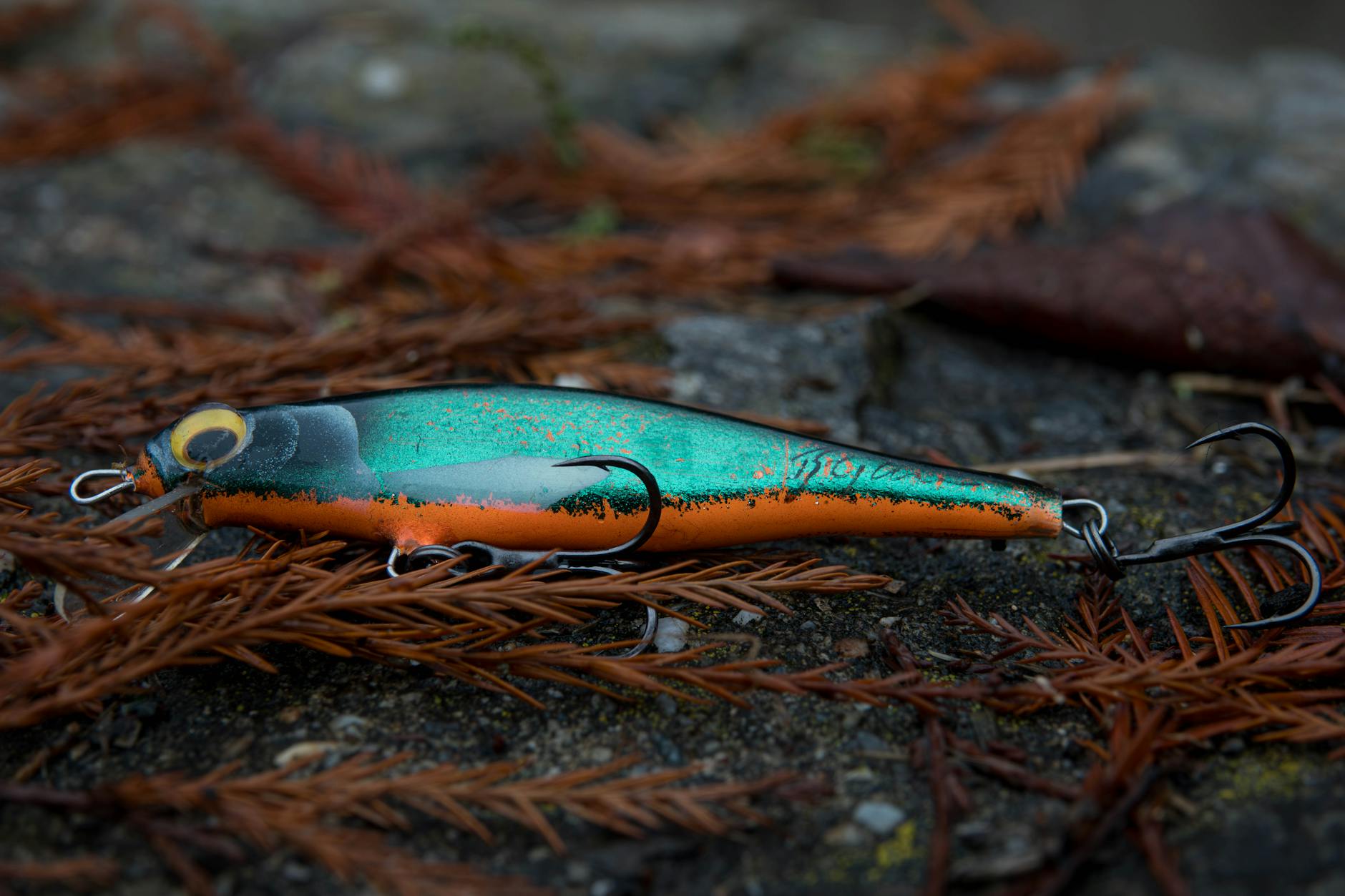 Kolorowa przynęta wędkarska wśród jesiennych liści