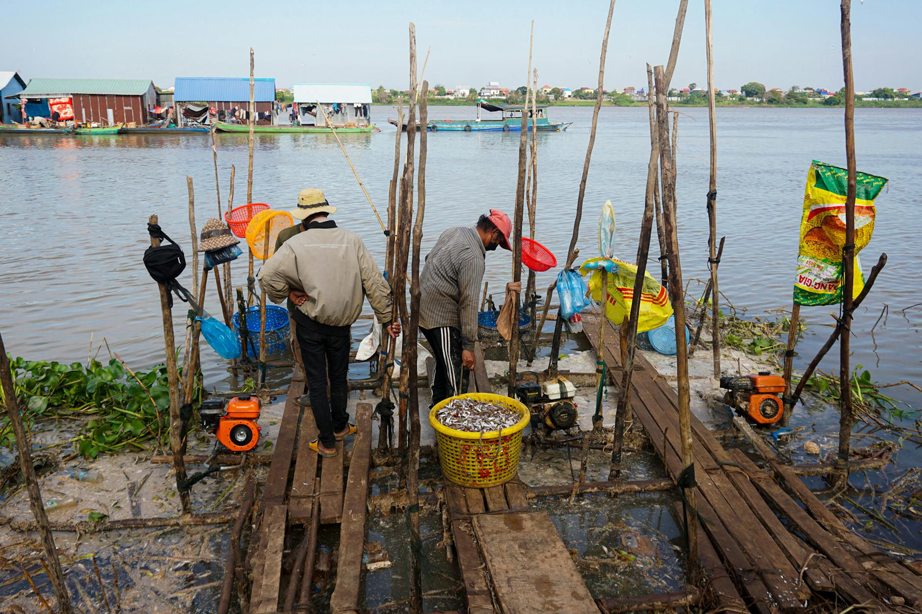 Rybacy w Kambodży sortują złowione ryby na pomoście nad jeziorem