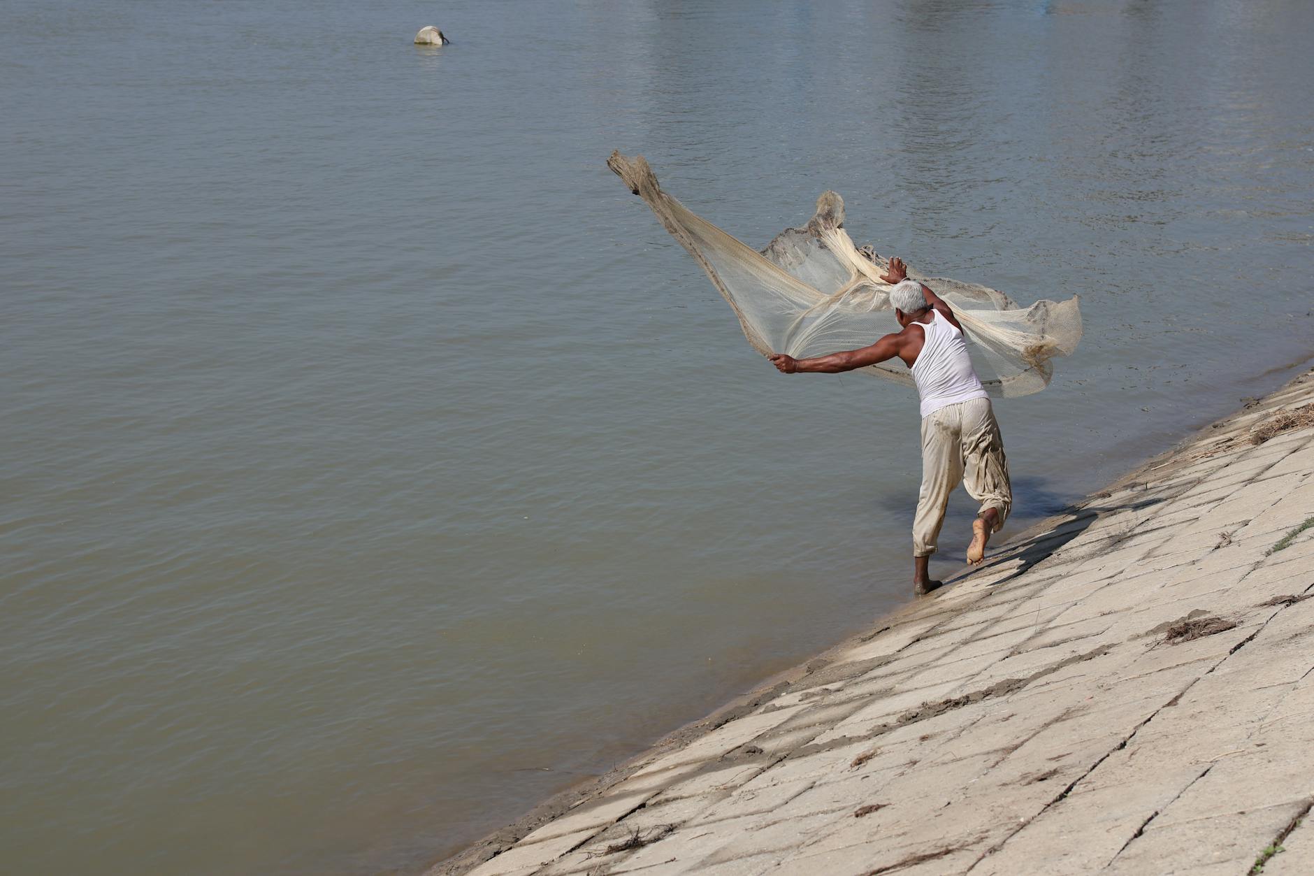 Wędkarz zarzucający sieć z brzegu rzeki w wiejskim krajobrazie